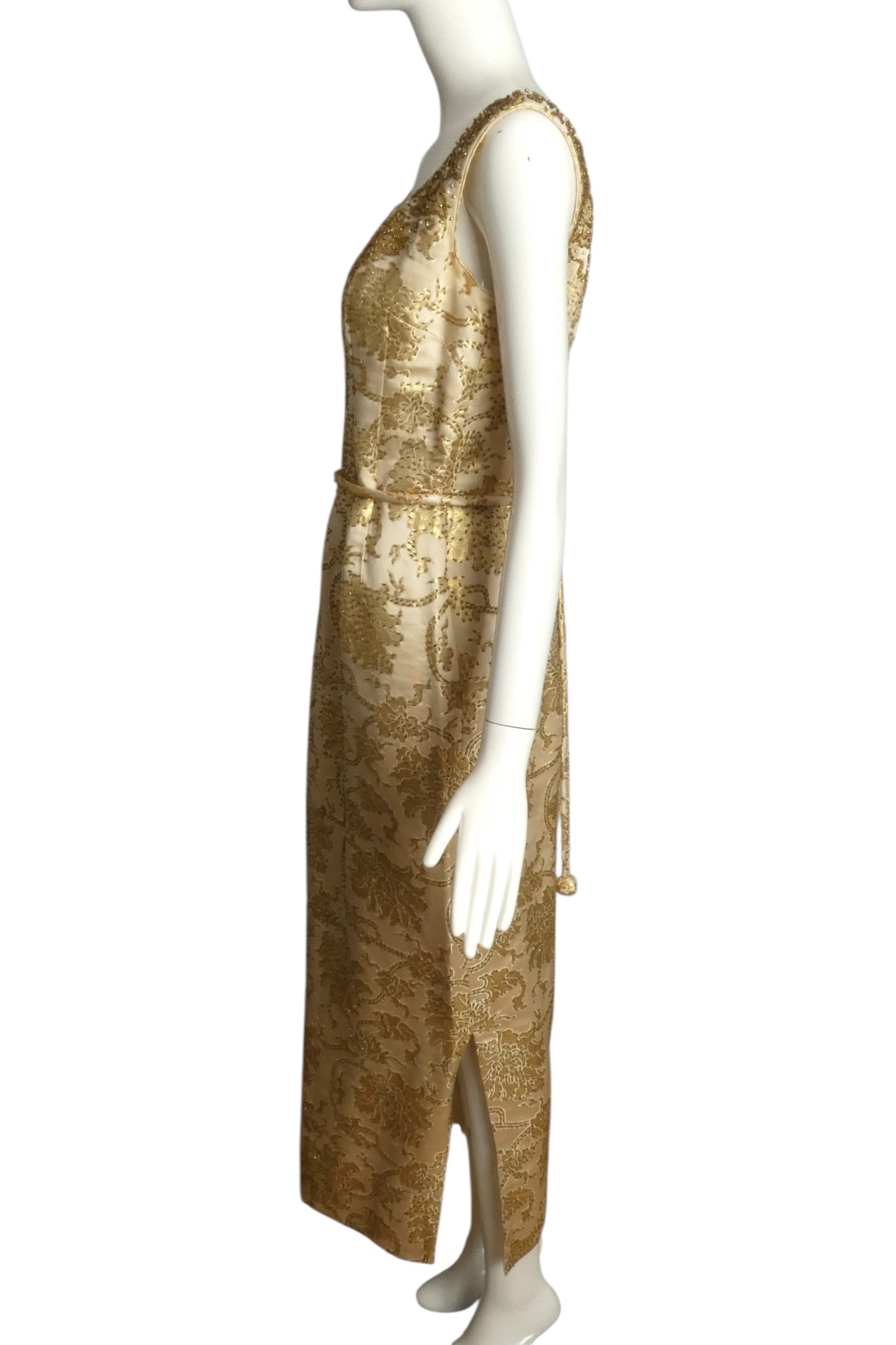 1960s 2pc Gold Beaded Brocade Evening Ensemble, Size 10