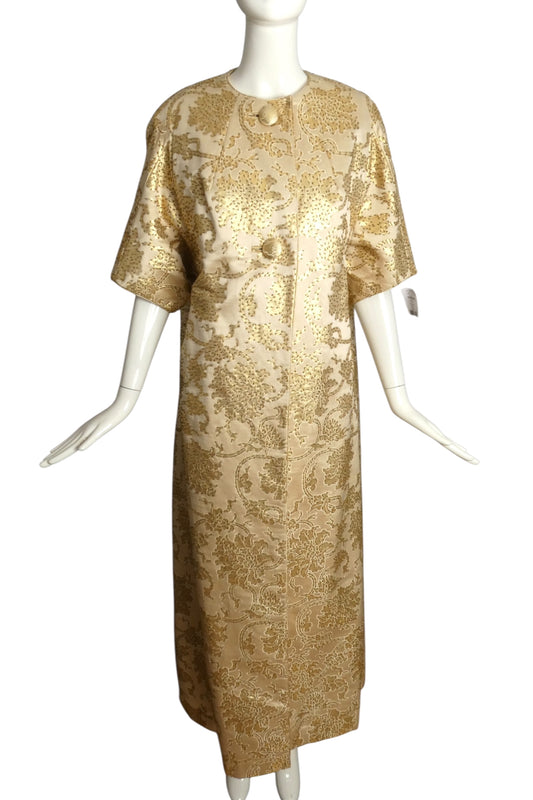 1960s 2pc Gold Beaded Brocade Evening Ensemble, Size 10