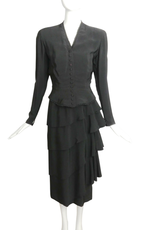 1940s Black Crepe Dress & Jacket, Size 6
