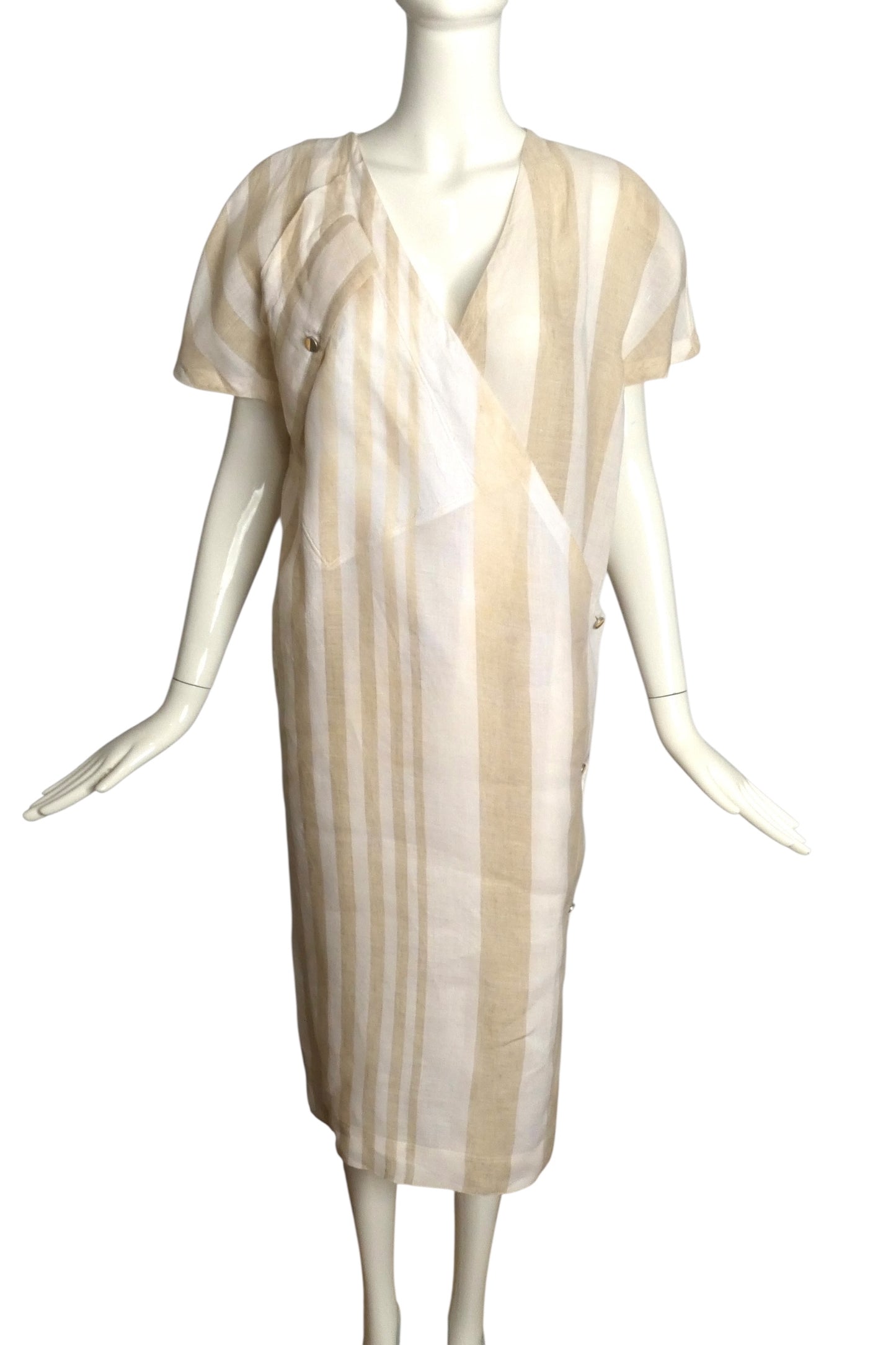 GIANNI VERSACE- 1984 Tan & Ivory Stripe Linen Dress, Size 8