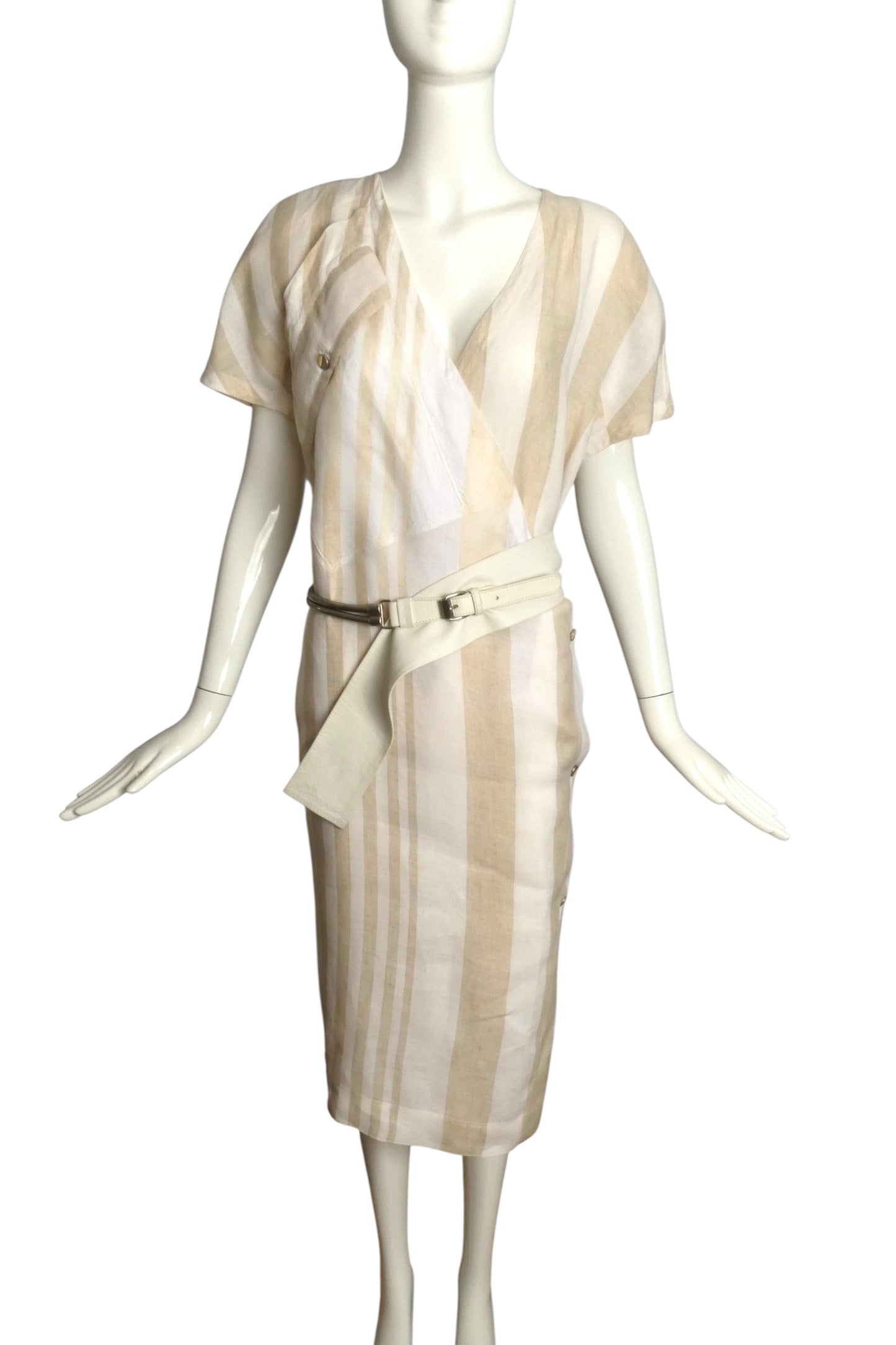 GIANNI VERSACE- 1984 Tan & Ivory Stripe Linen Dress, Size 8