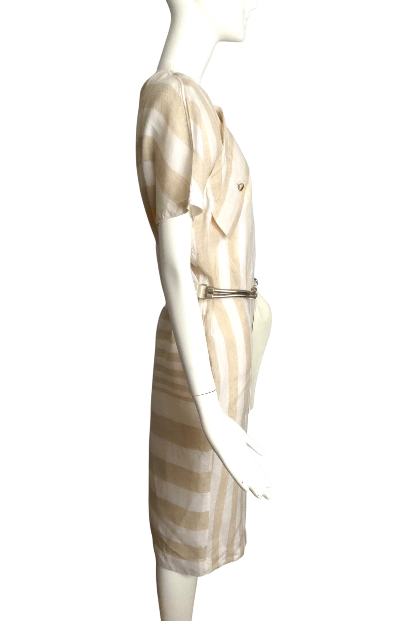 GIANNI VERSACE- 1984 Tan & Ivory Stripe Linen Dress, Size 8