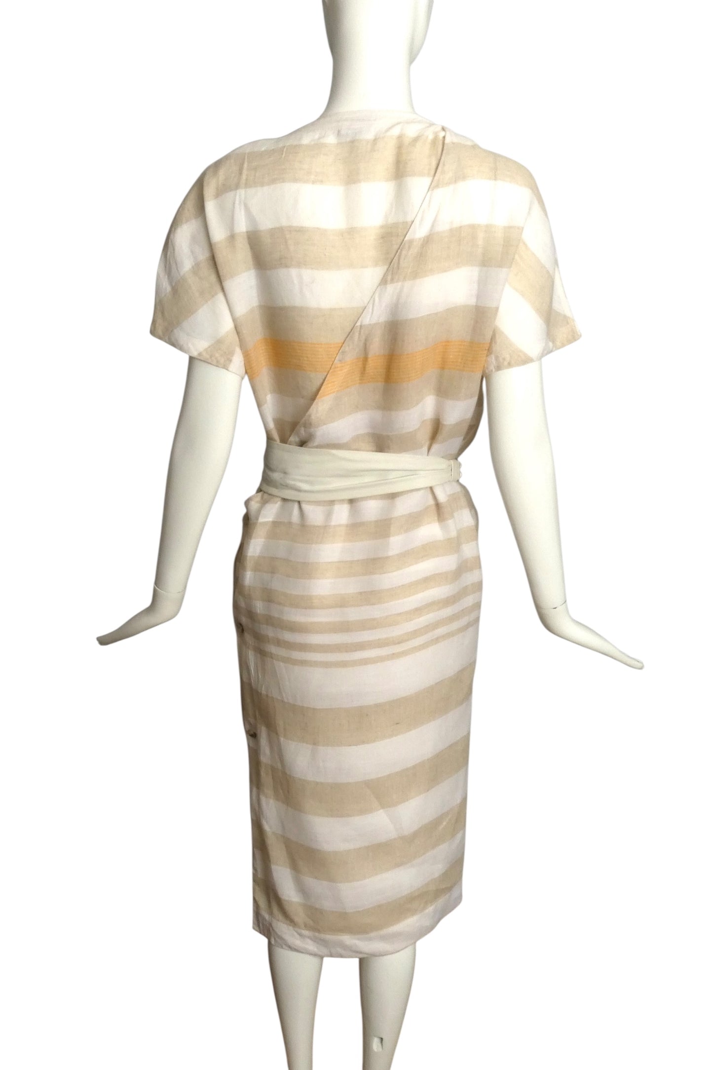 GIANNI VERSACE- 1984 Tan & Ivory Stripe Linen Dress, Size 8