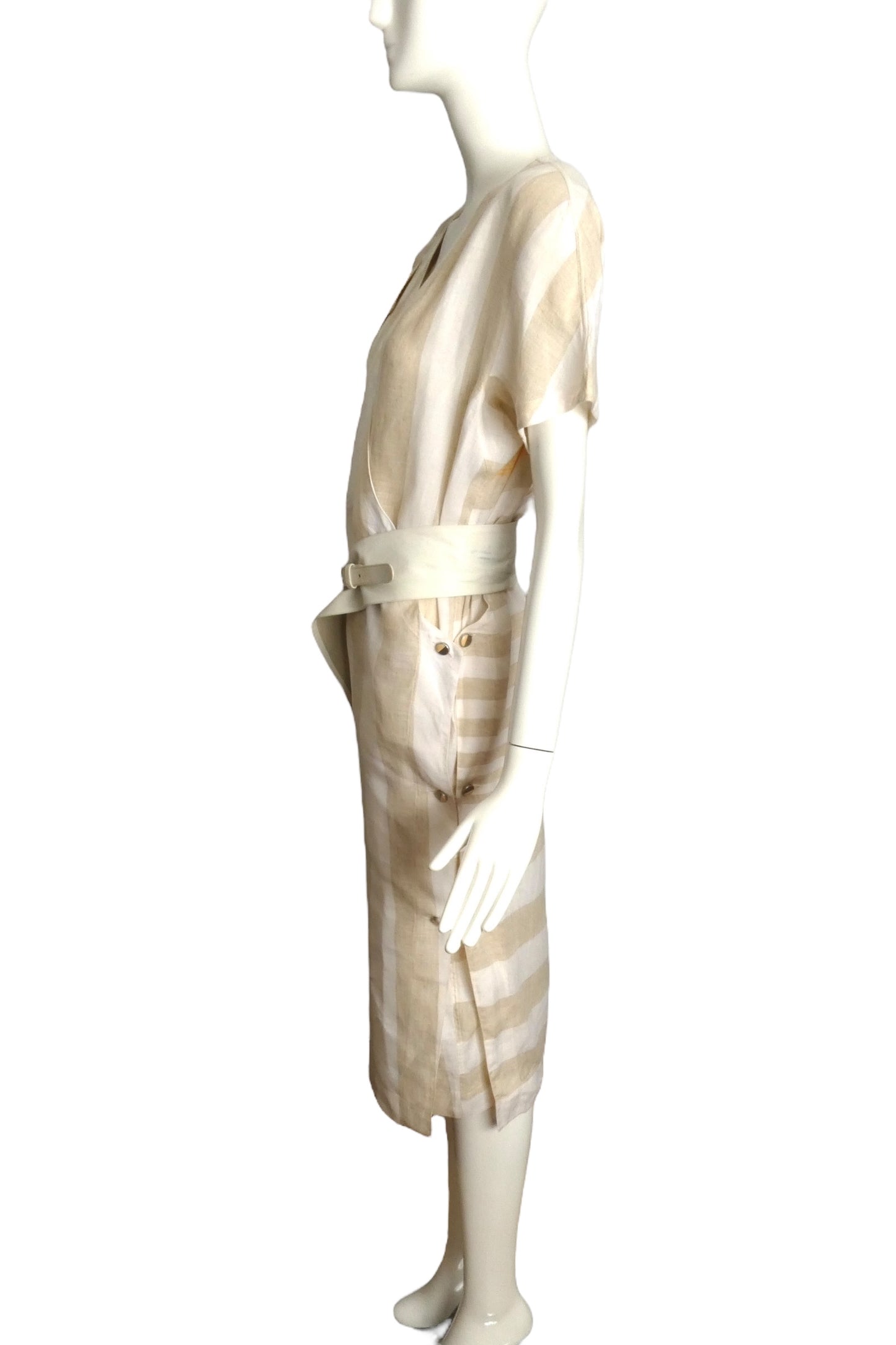 GIANNI VERSACE- 1984 Tan & Ivory Stripe Linen Dress, Size 8