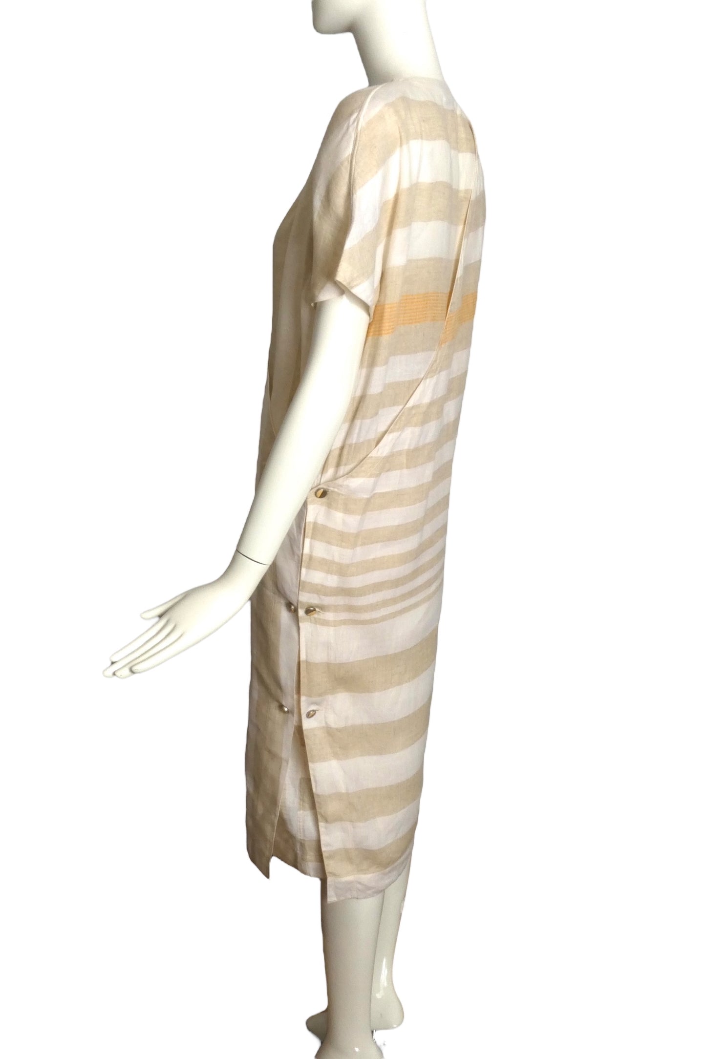 GIANNI VERSACE- 1984 Tan & Ivory Stripe Linen Dress, Size 8