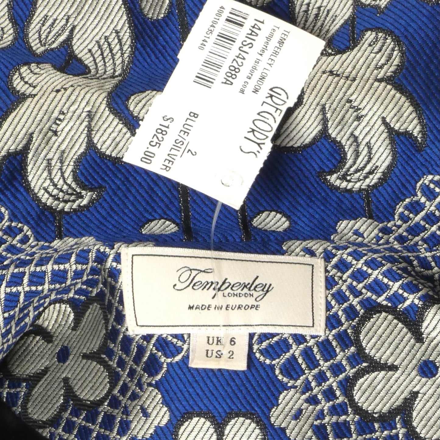 TEMPERLEY- NWT 2014 Printed Brocade Overcoat, Size 2