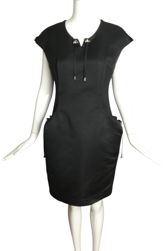 JC DE CASTELBAJAC- NWT Black Satin Drawstring Dress, Size 10