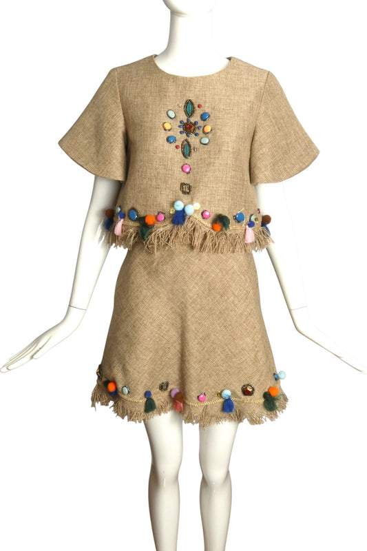 AMUSE- NWT Embellished Fringe Linen Ensemble, Size Small