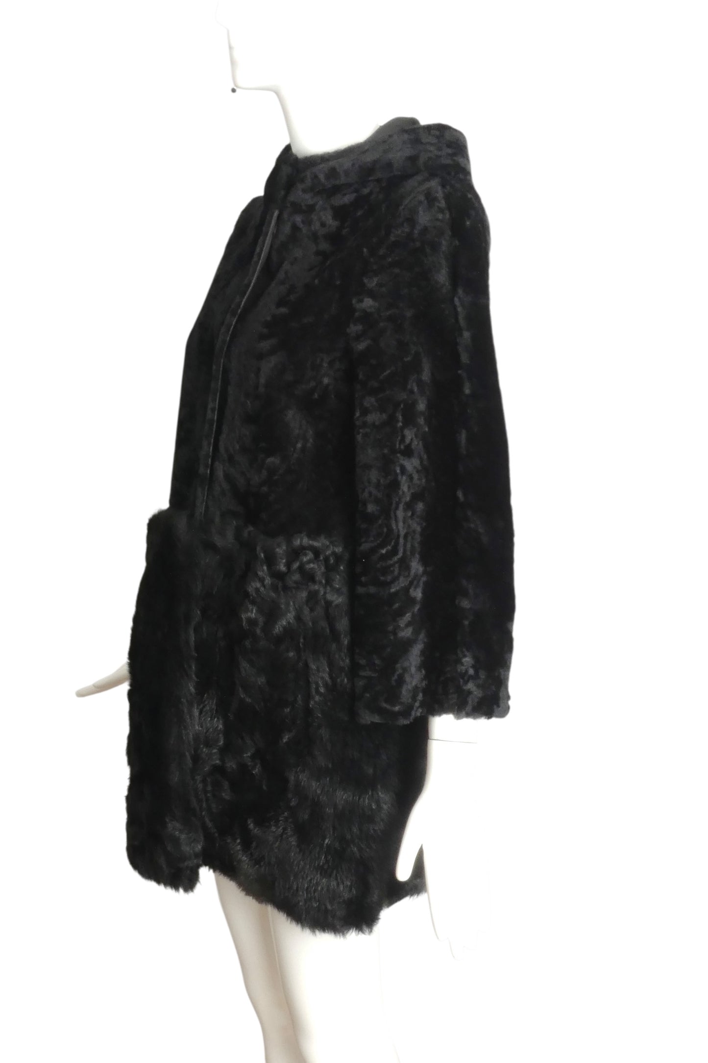 DROME- Black Shearling Hooded Coat, Size Small
