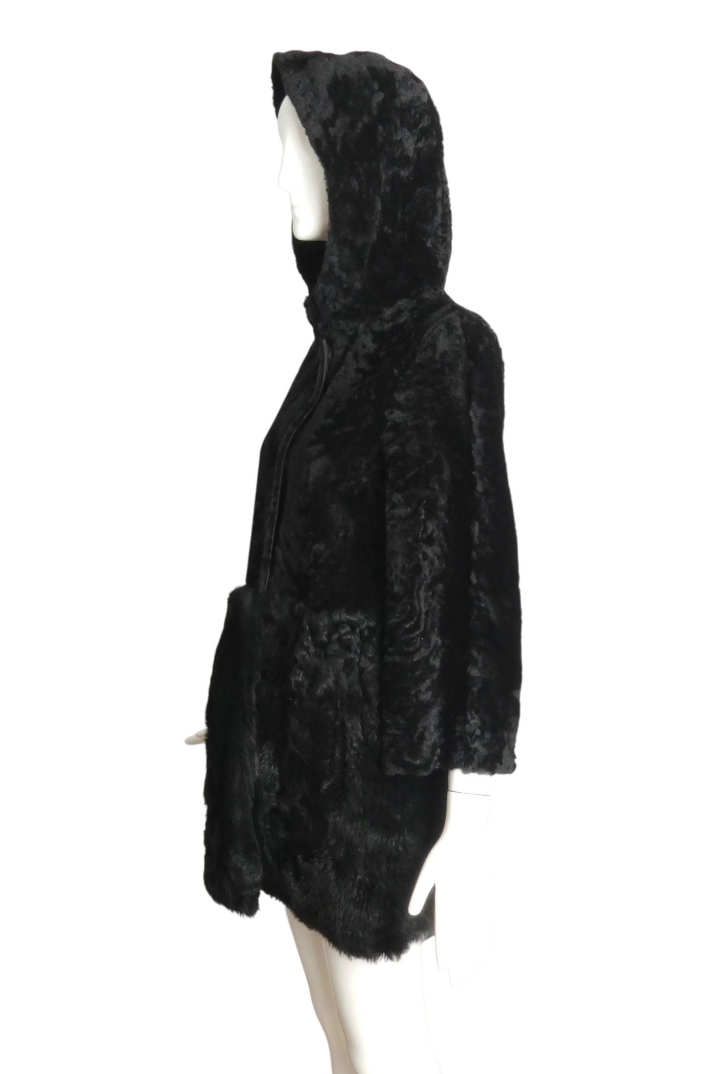 DROME- Black Shearling Hooded Coat, Size Small