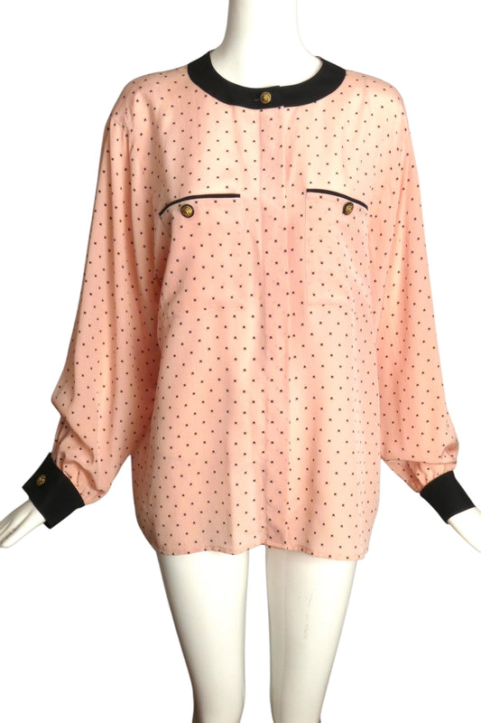AKRIS- 1980s Printed Silk Blouse, Size 14