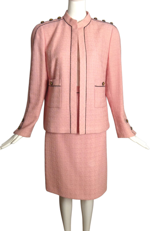 AKRIS- 1980s Pink Tweed Wool Skirt Suit, Size 14