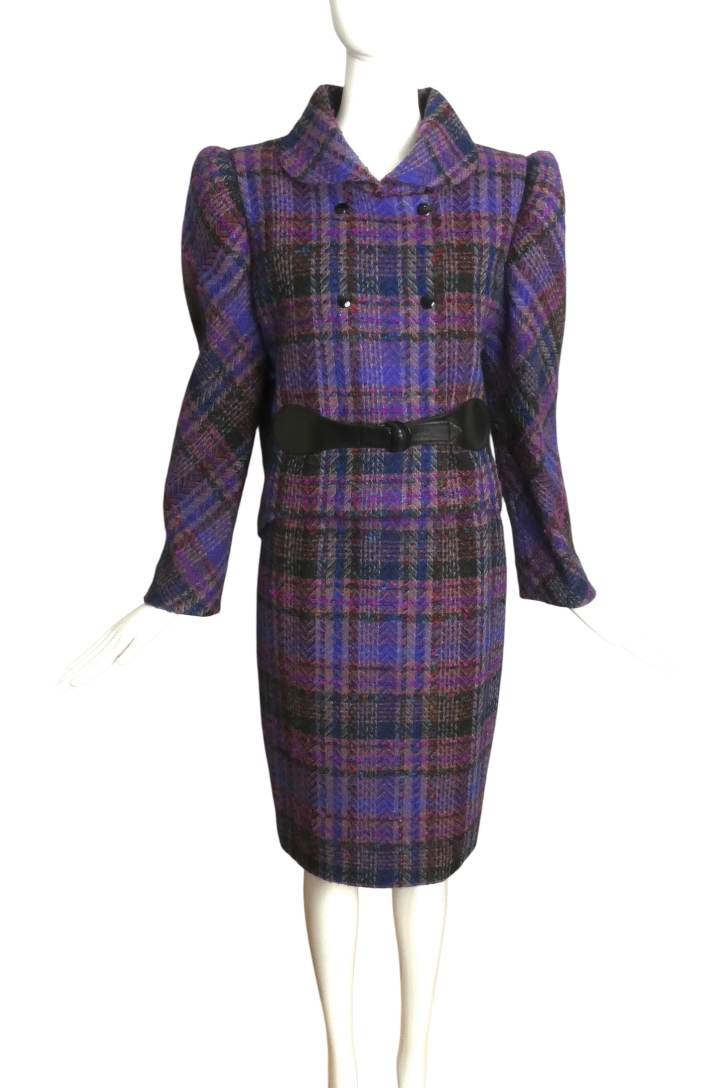 PIERRE CARDIN (HAUTE COUTURE)-1990s Wool Plaid Skirt Suit, Size-8