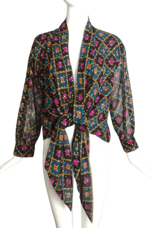 PIERRE CARDIN-1990s Georgette Print Blouse, Size-8