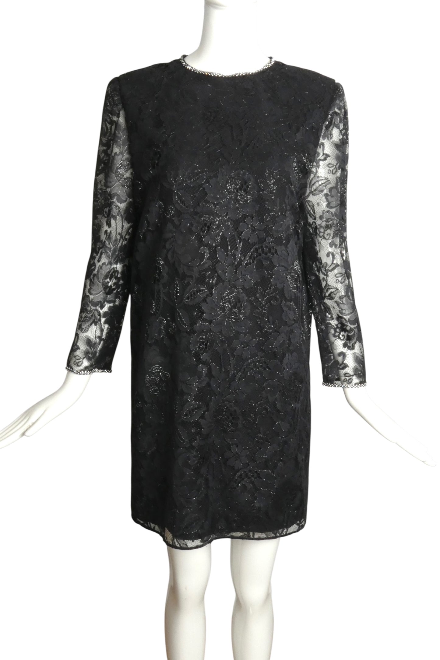 PIERRE CARDIN BOUTIQUE-1990s Black Lace & Rhinestone Dress, Size-10
