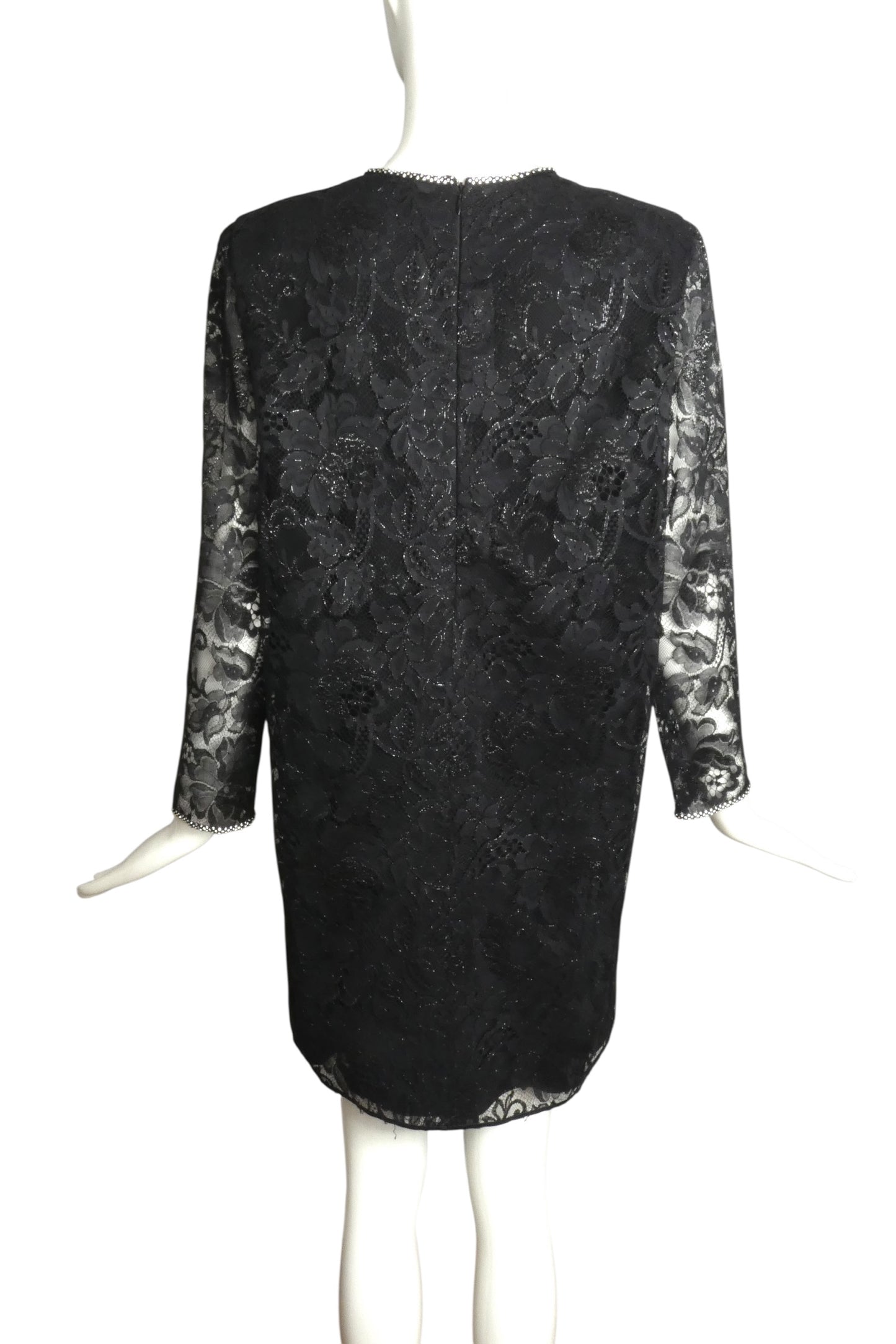 PIERRE CARDIN BOUTIQUE-1990s Black Lace & Rhinestone Dress, Size-10