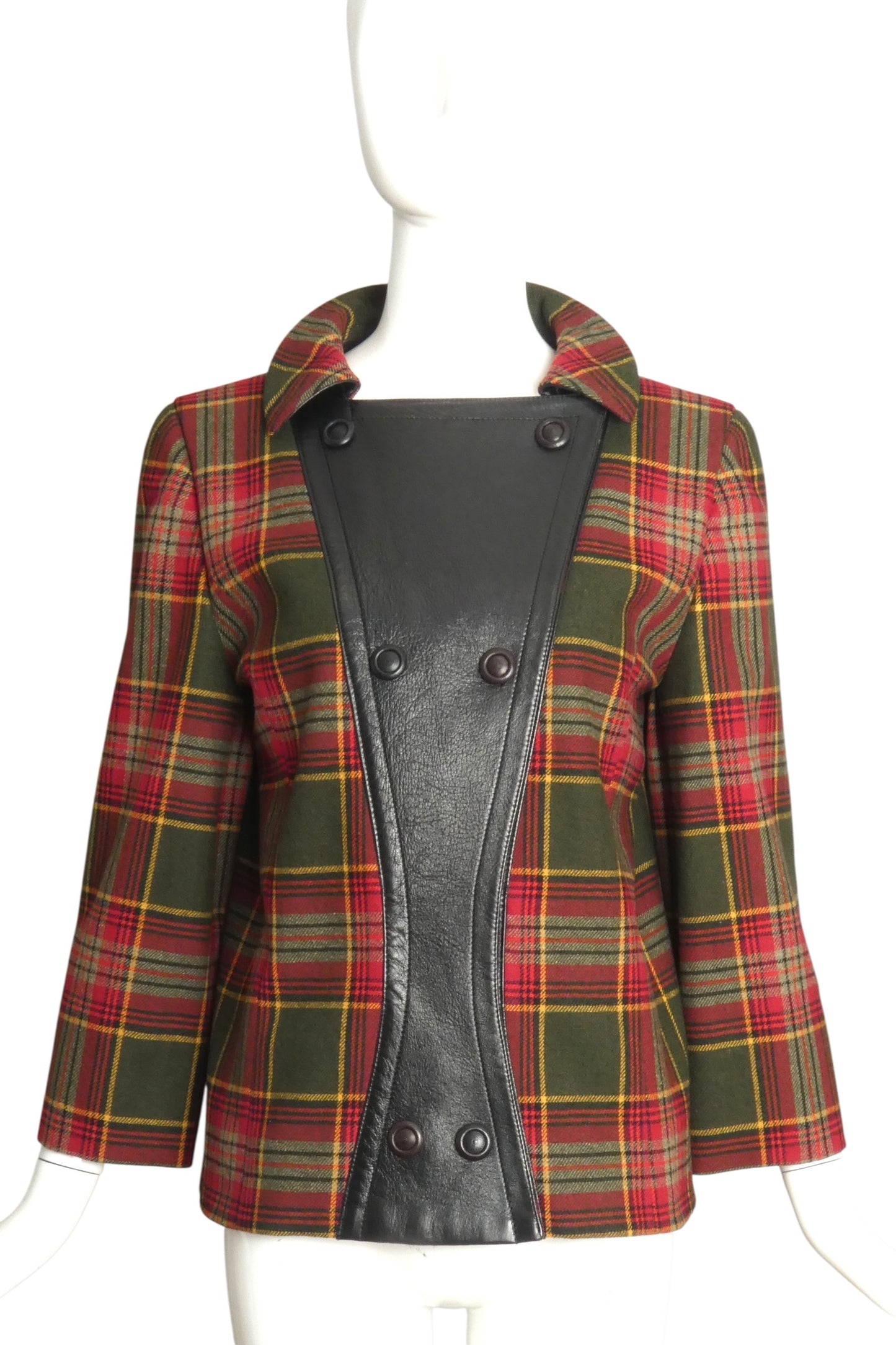 PIERRE CARDIN Boutique-1997 Plaid Wool & Leather Jacket, Size-6