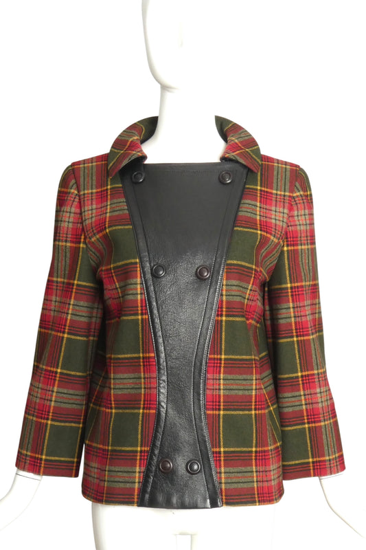 PIERRE CARDIN Boutique-1997 Plaid Wool & Leather Jacket, Size-6