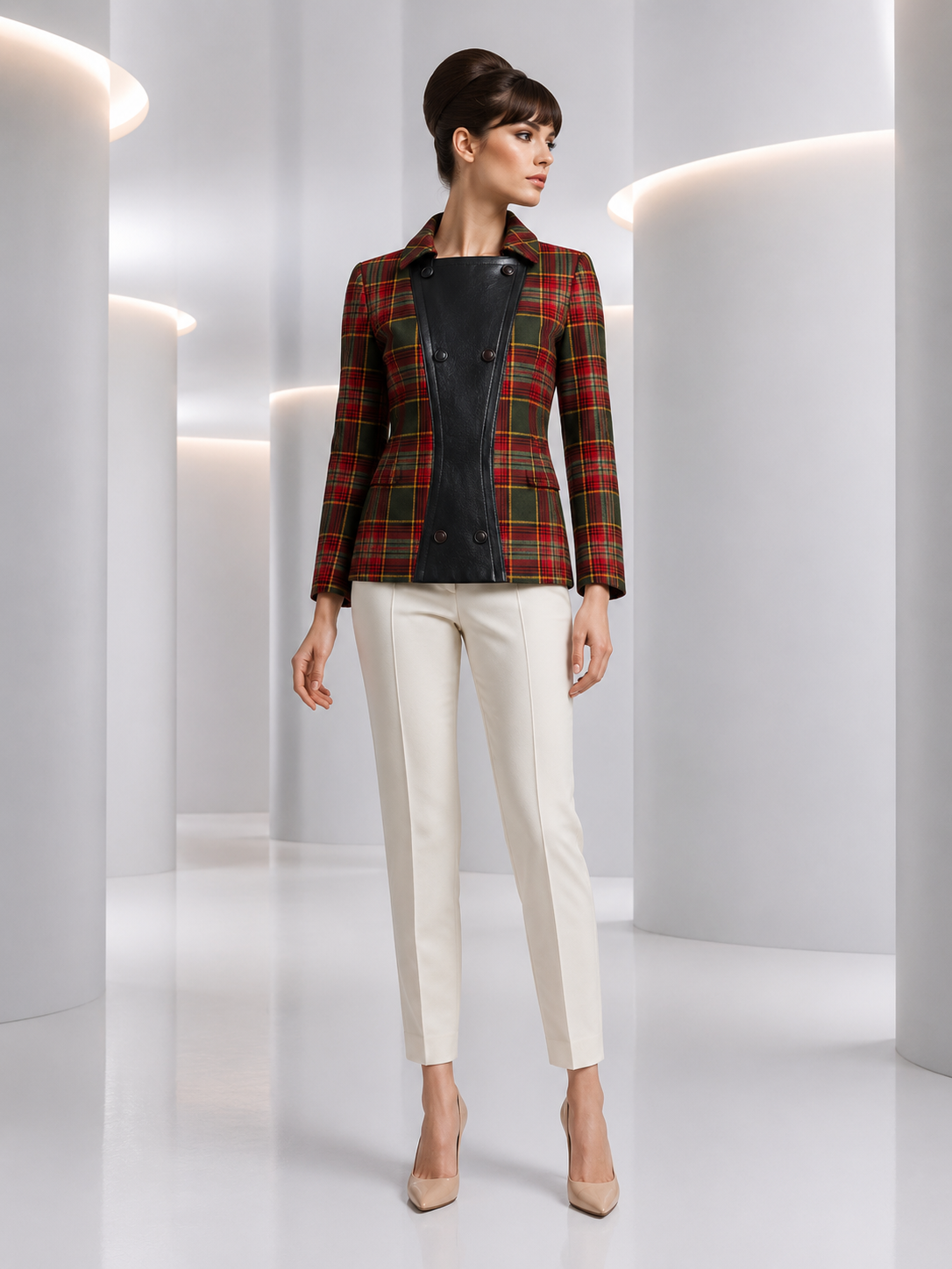 PIERRE CARDIN - 1996 Plaid Wool & Leather Jacket, Size-6