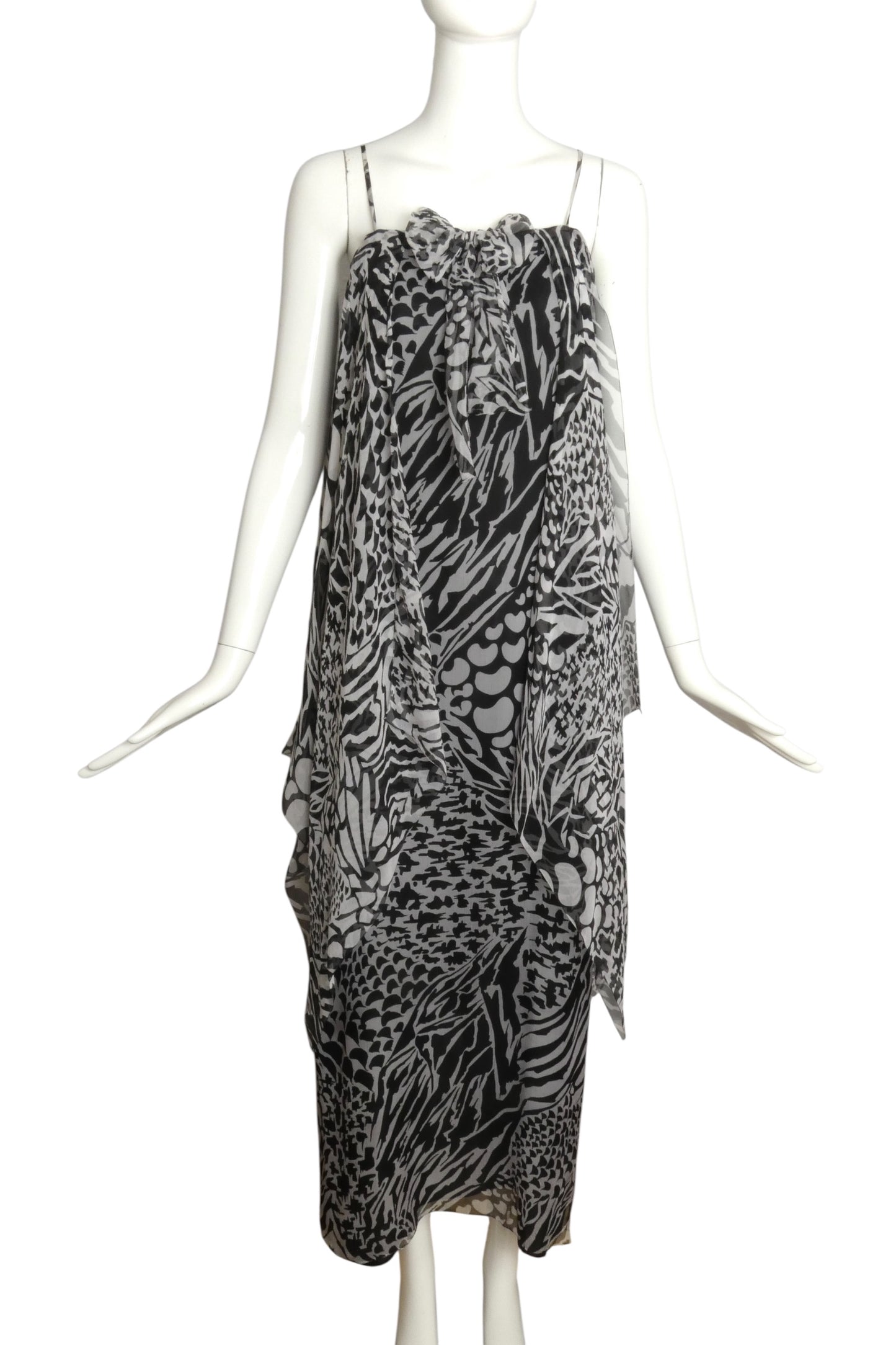 PIERRE CARDIN -2000 Black & White Printed Chiffon Evening Dress, Size 8