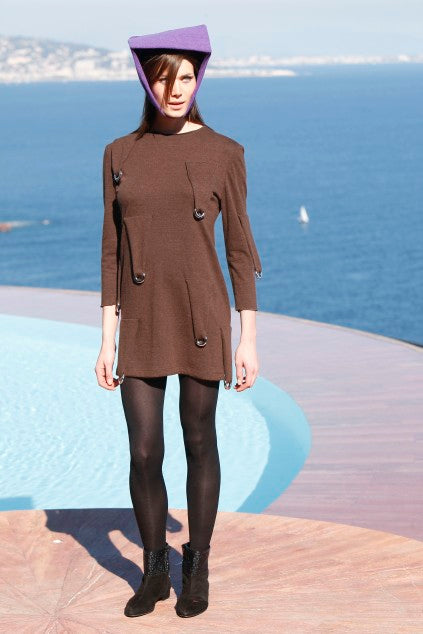 PIERRE CARDIN BOUTIQUE-2009 Brown Wool Knit Dress, Size-8