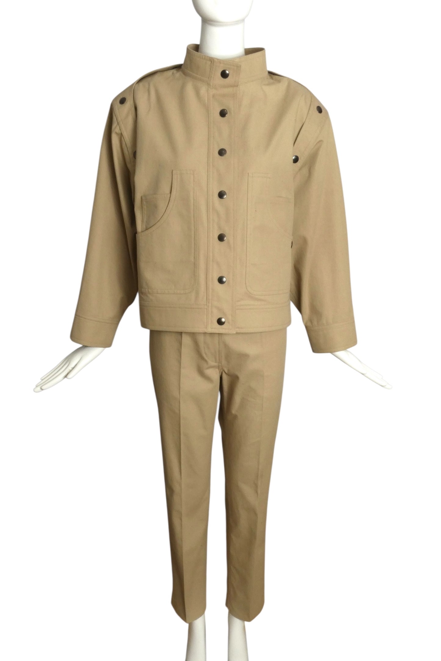 PIERRE CARDIN (HAUTE COUTURE)-1990s Khaki Cotton Jacket Suit, Size-10