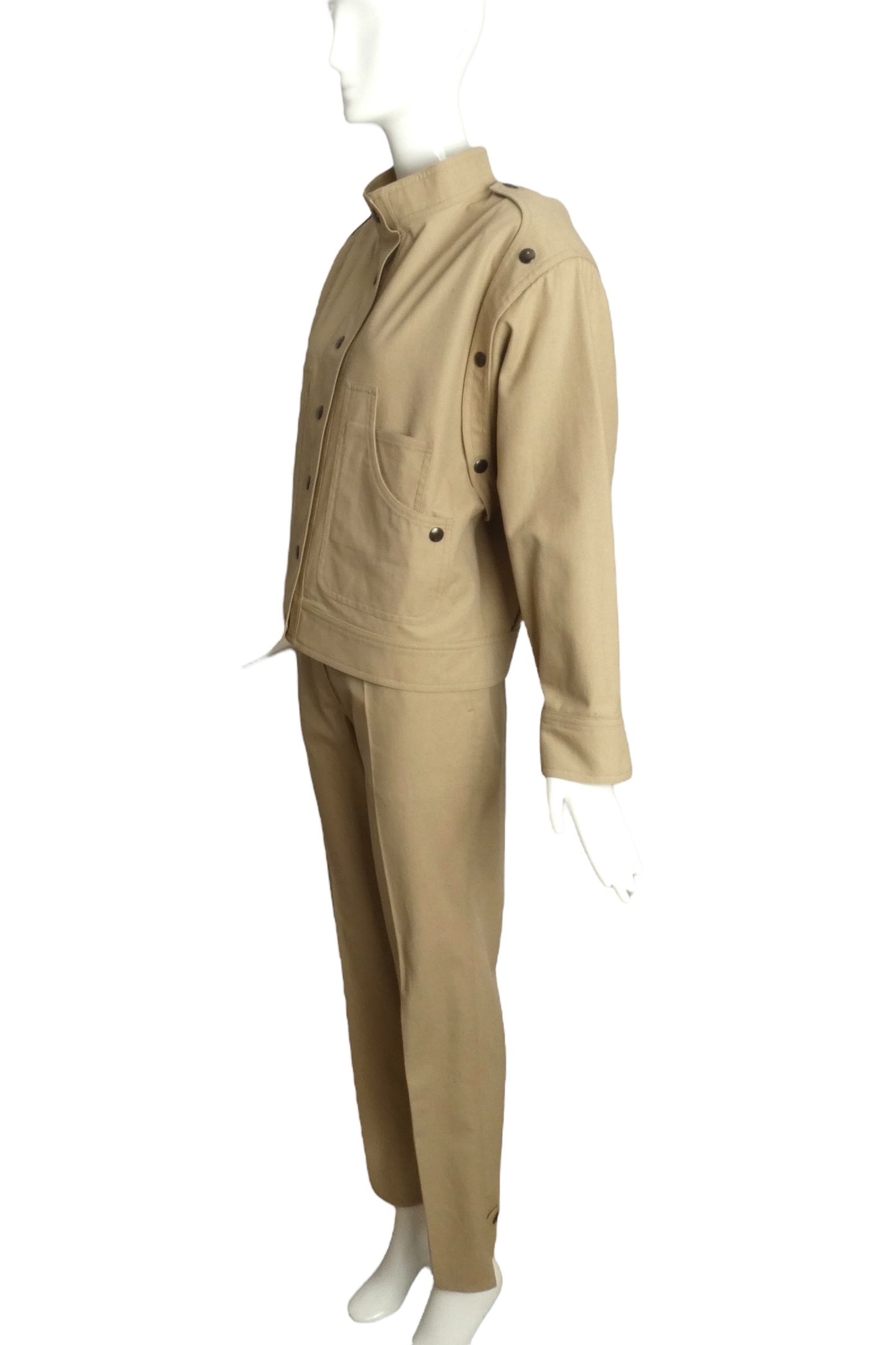 PIERRE CARDIN (HAUTE COUTURE)-1990s Khaki Cotton Jacket Suit, Size-10