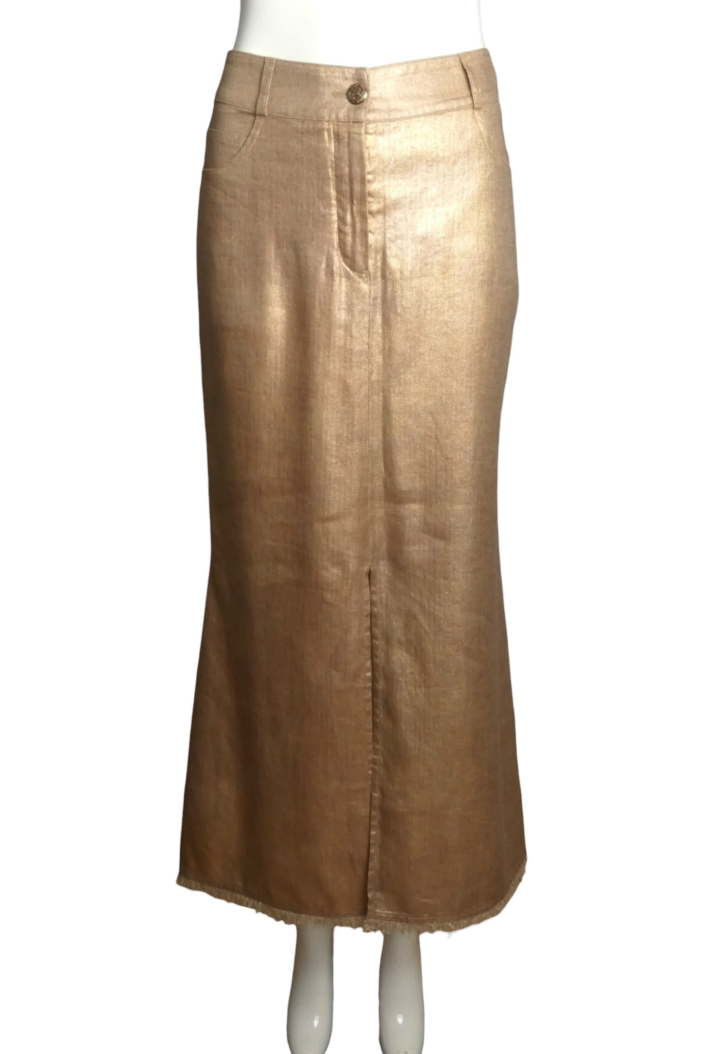 CHANEL- 2005 Gold Metallic Linen Skirt, Size 8