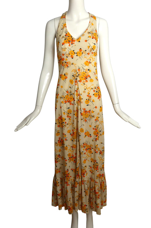1970s Floral Knit Maxi Dress, Size-4