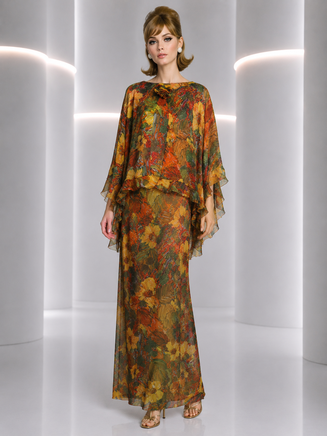 PIERRE CARDIN - 2004 Floral Chiffon Evening Dress, Size-10