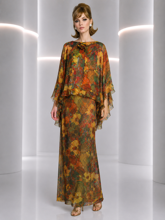 PIERRE CARDIN - 2004 Floral Chiffon Evening Dress, Size-10