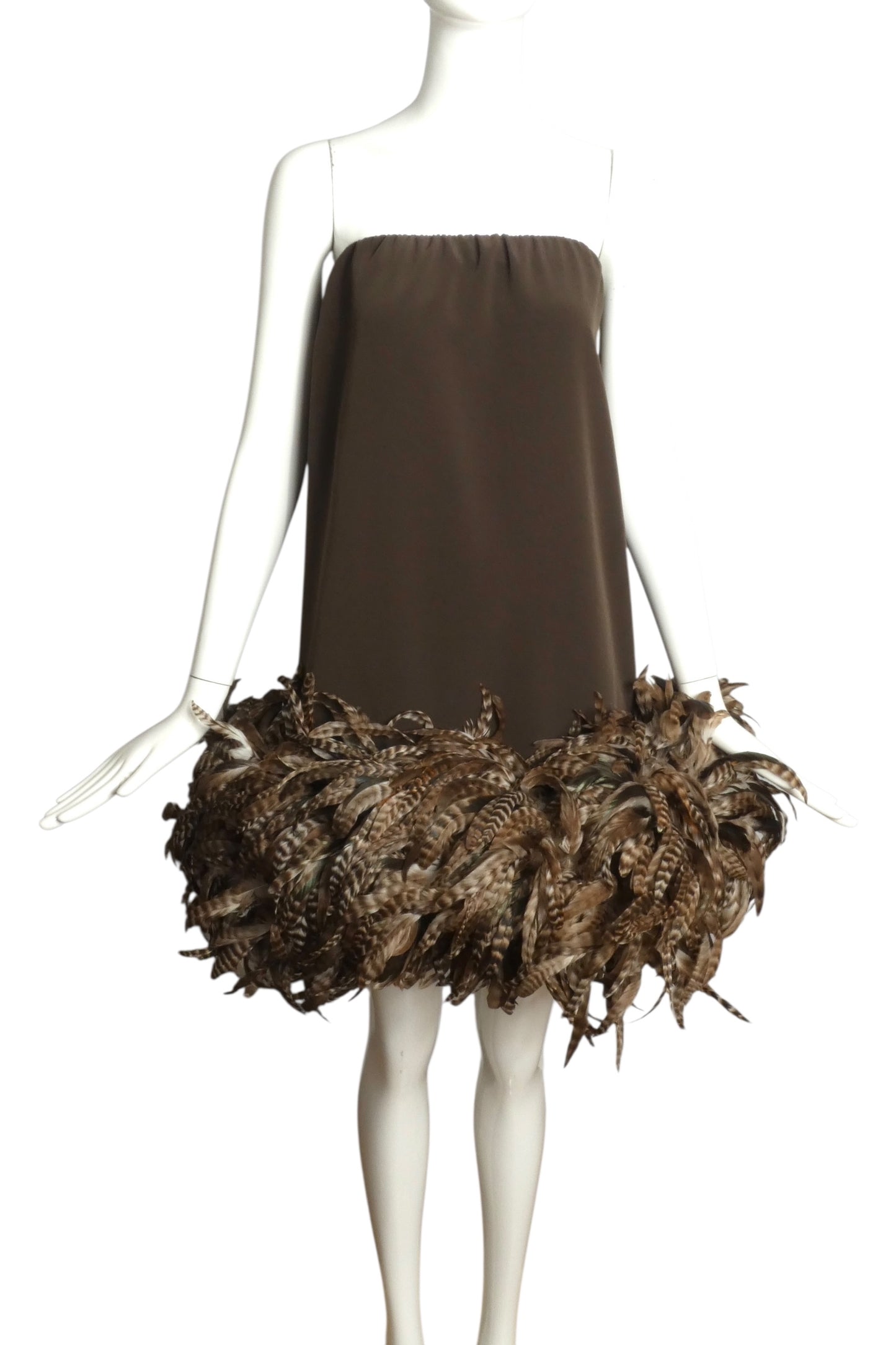 PIERRE CARDIN (HAUTE COUTURE)-2005 Brown Crepe & Feather Party Dress, Size-4
