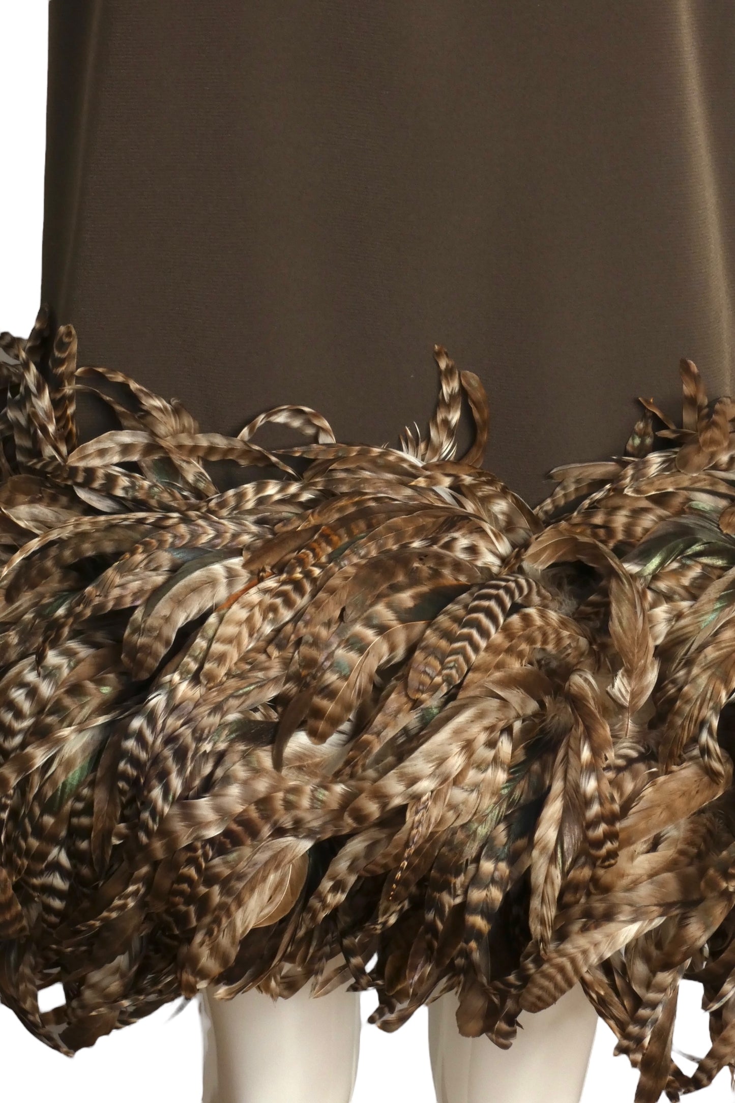 PIERRE CARDIN (HAUTE COUTURE)-2005 Brown Crepe & Feather Party Dress, Size-4