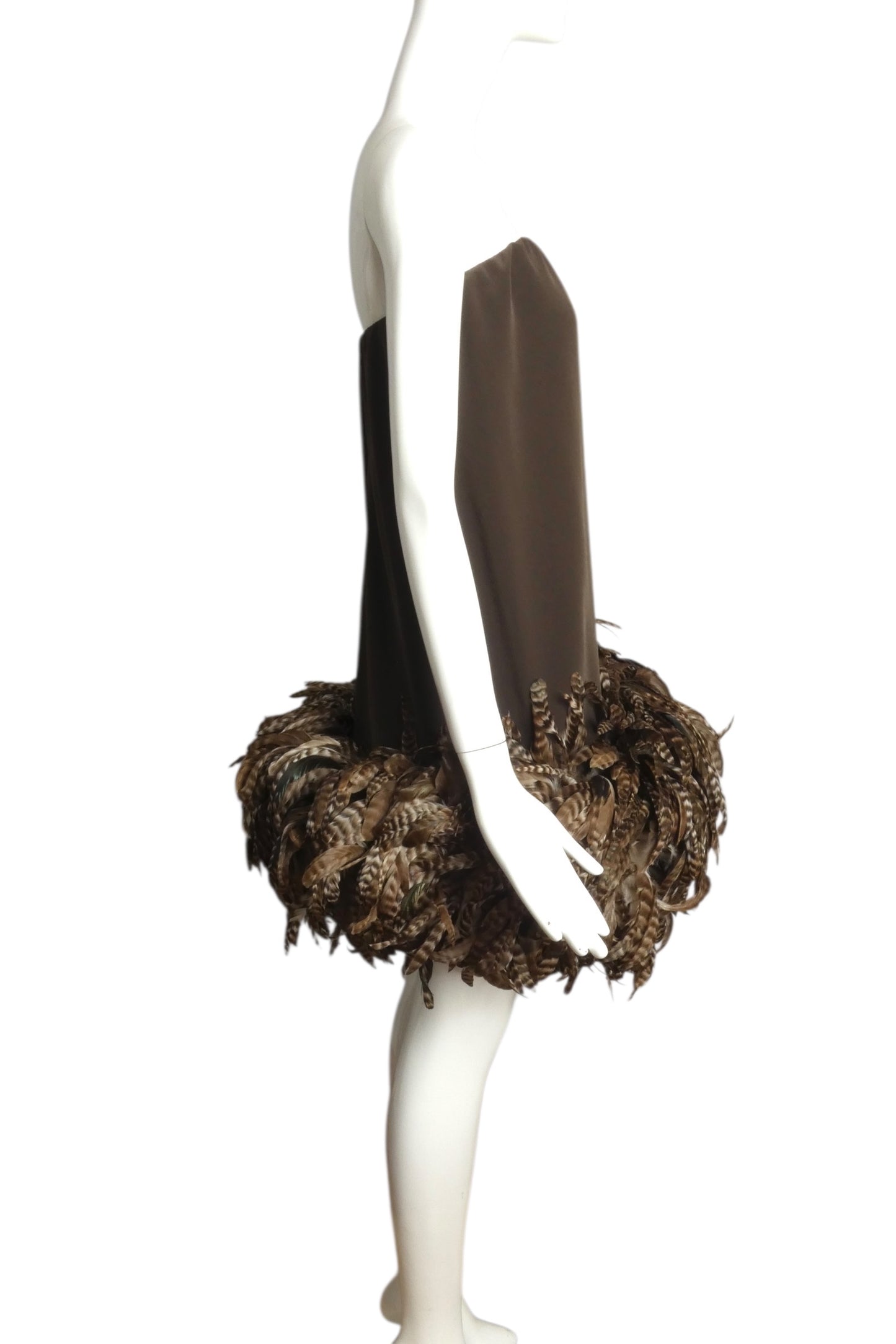 PIERRE CARDIN (HAUTE COUTURE)-2005 Brown Crepe & Feather Party Dress, Size-4