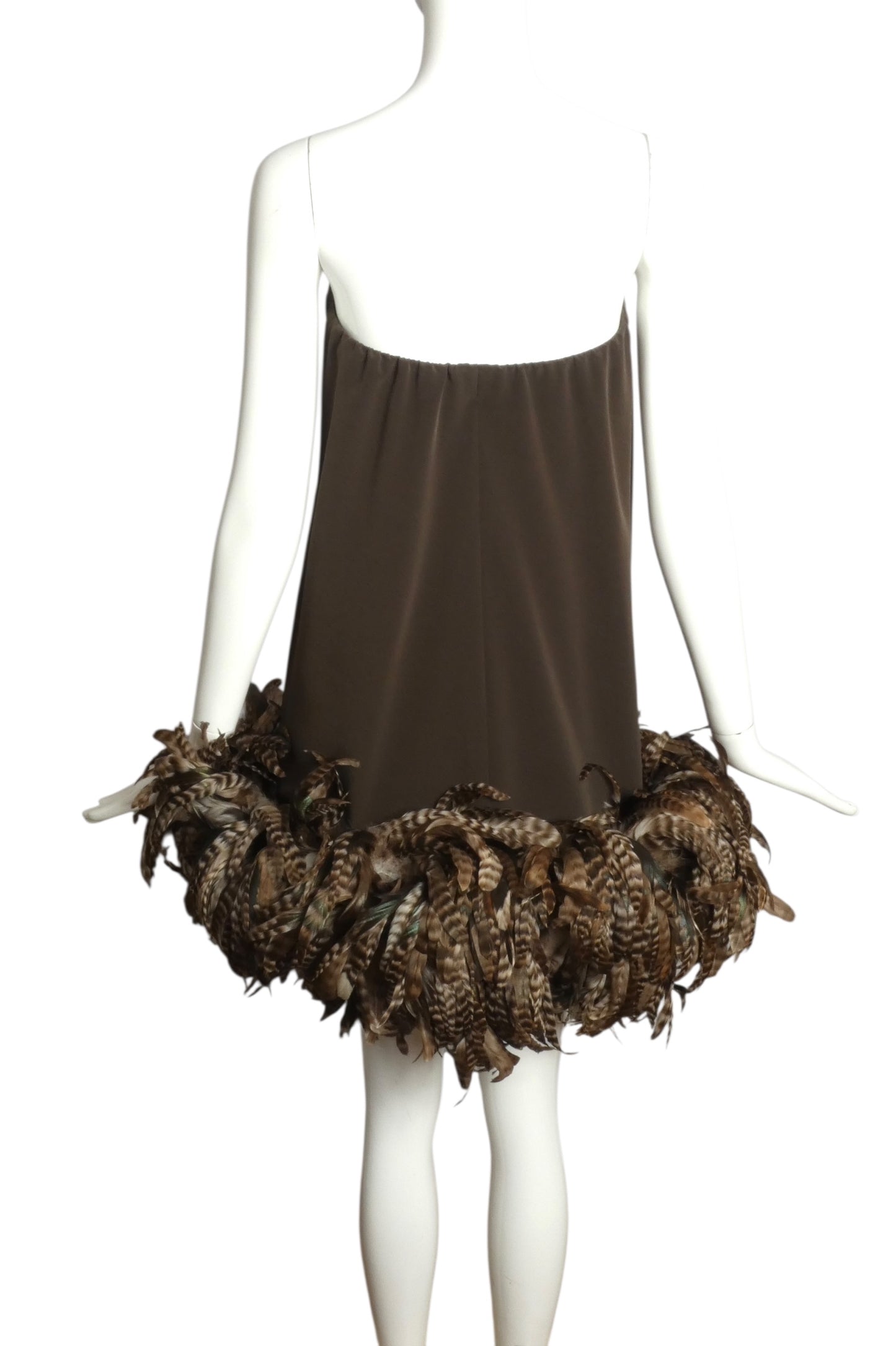 PIERRE CARDIN (HAUTE COUTURE)-2005 Brown Crepe & Feather Party Dress, Size-4
