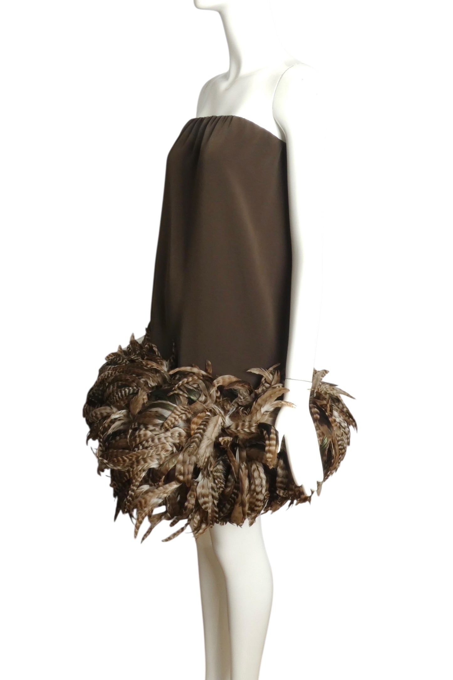 PIERRE CARDIN (HAUTE COUTURE)-2005 Brown Crepe & Feather Party Dress, Size-4