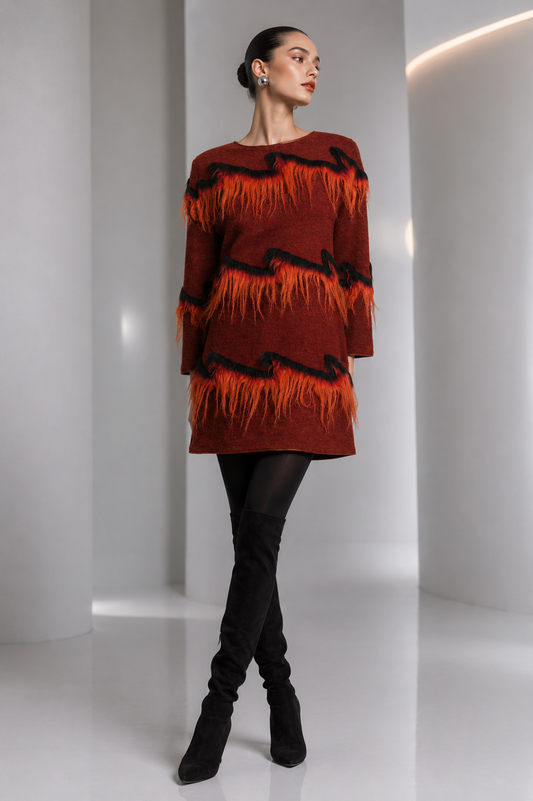 PIERRE CARDIN HERITAGE - 2012 Rust, Orange & Black Wool & Fur Knit Dress, Size-12