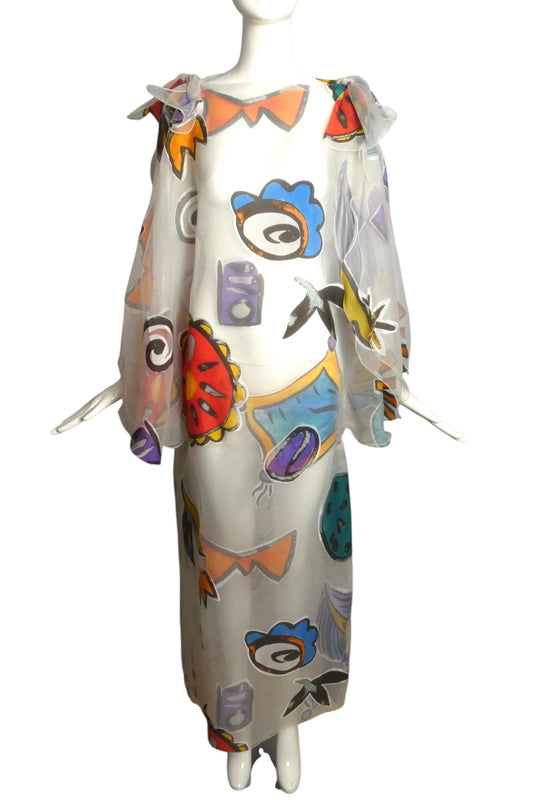 PIERRE CARDIN-1998 Printed Organza Evening Dress, Size-12