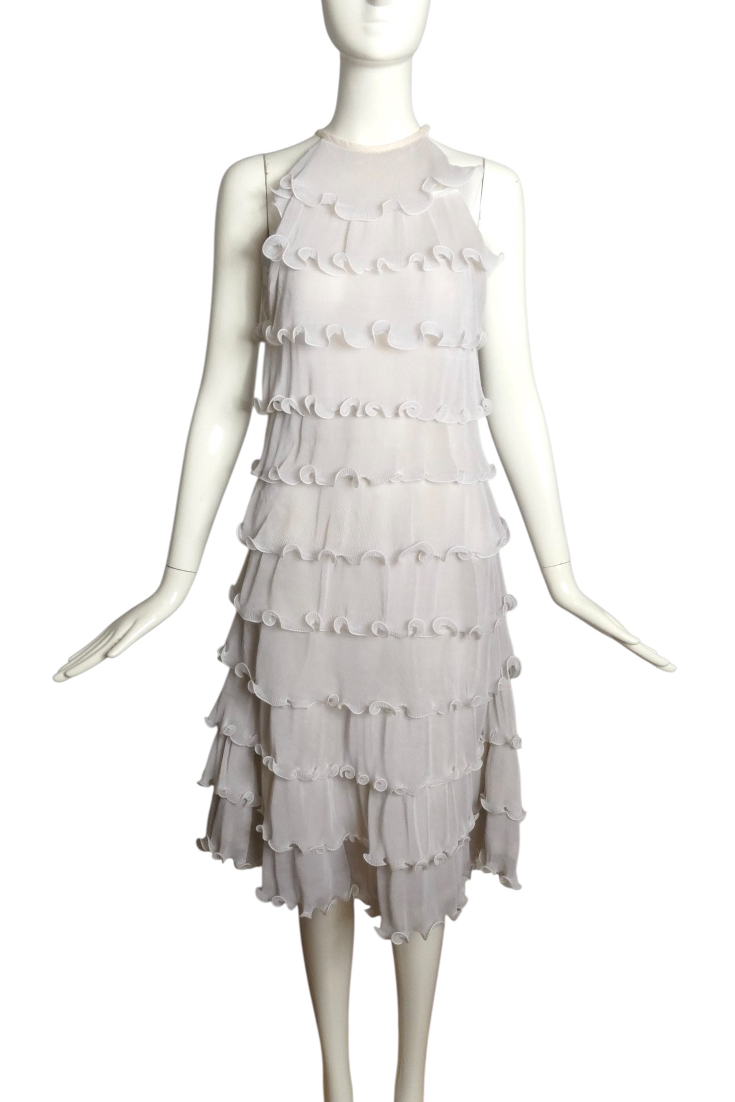 PIERRE CARDIN-1999 Ivory Tiered Ruffle Dress, Size-2