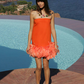 PIERRE CARDIN (HAUTE COUTURE)-2009 Orange Silk & Feather Party Dress, Size-6