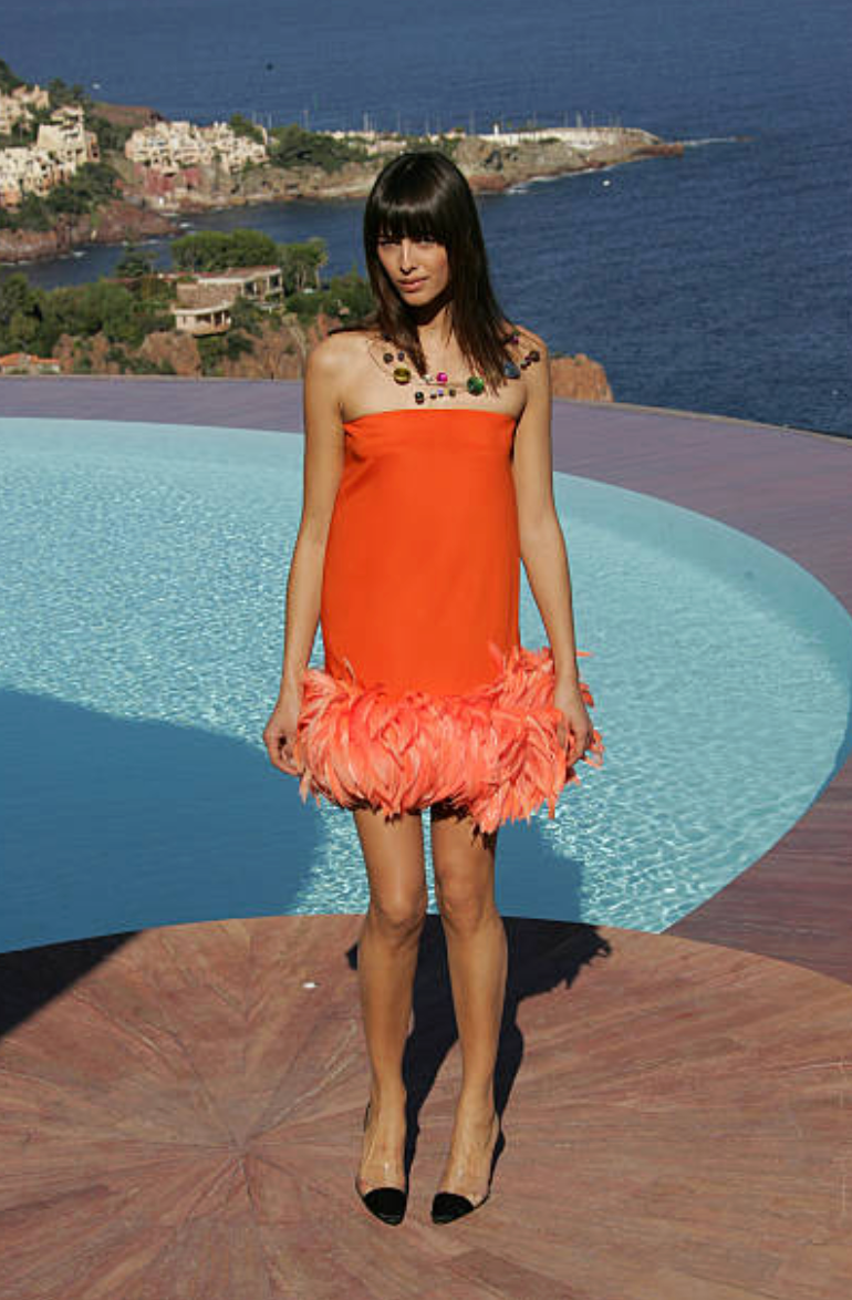 PIERRE CARDIN (HAUTE COUTURE)-2009 Orange Silk & Feather Party Dress, Size-6