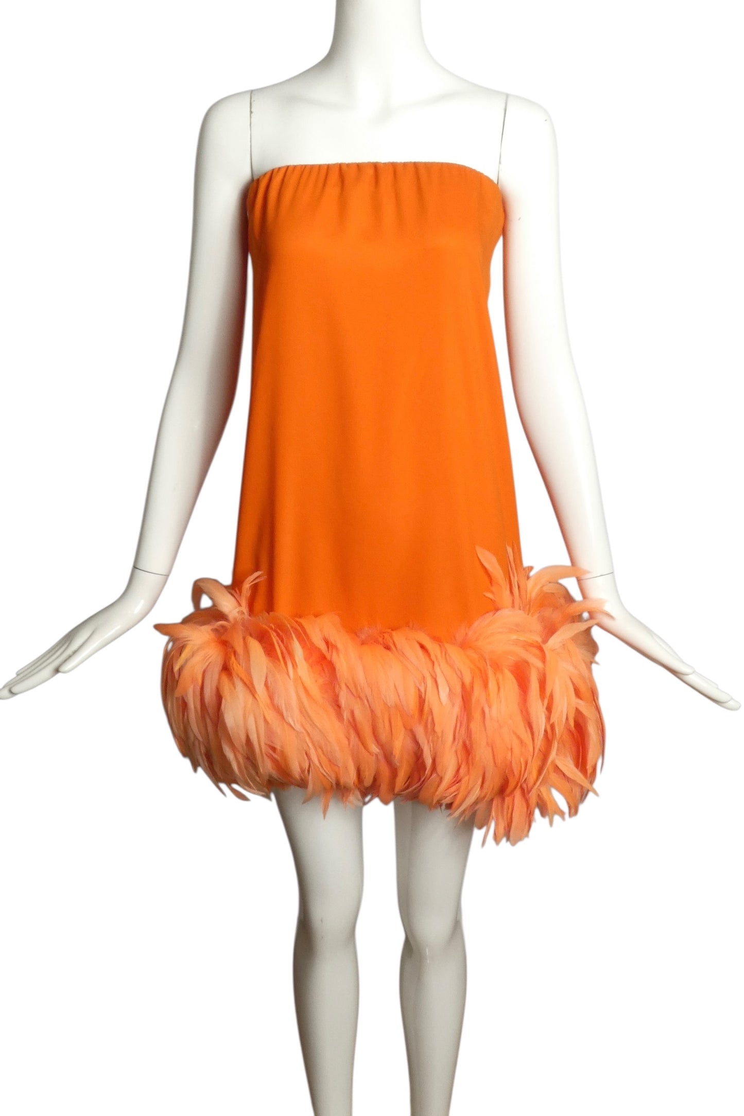 PIERRE CARDIN (HAUTE COUTURE)-2009 Orange Silk & Feather Party Dress, Size-6