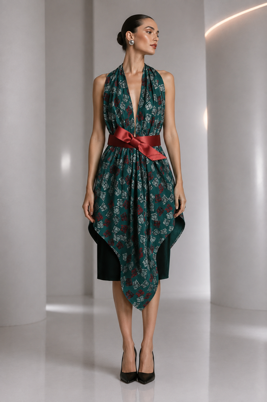 PIERRE CARDIN HERITAGE - 2012 Green, Maroon 2pc Silk & Velvet Skirt Set, Size 4