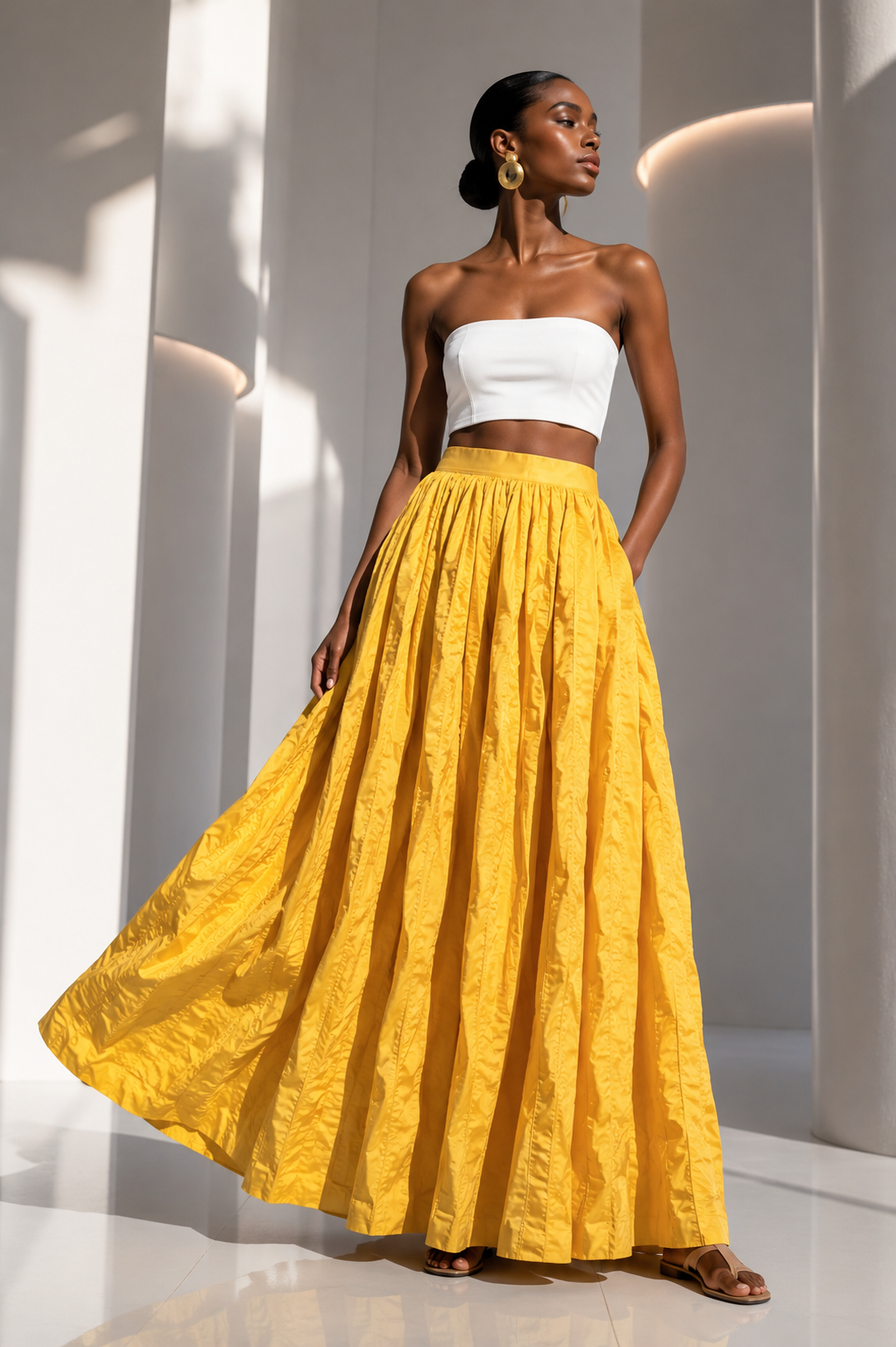 PIERRE CARDIN - 1996 Yellow Cotton Seersucker Maxi Skirt, Size 4