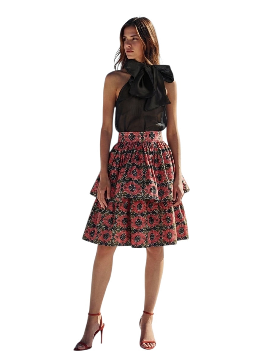 1974 Printed Silk Tiered Skirt, Size 6