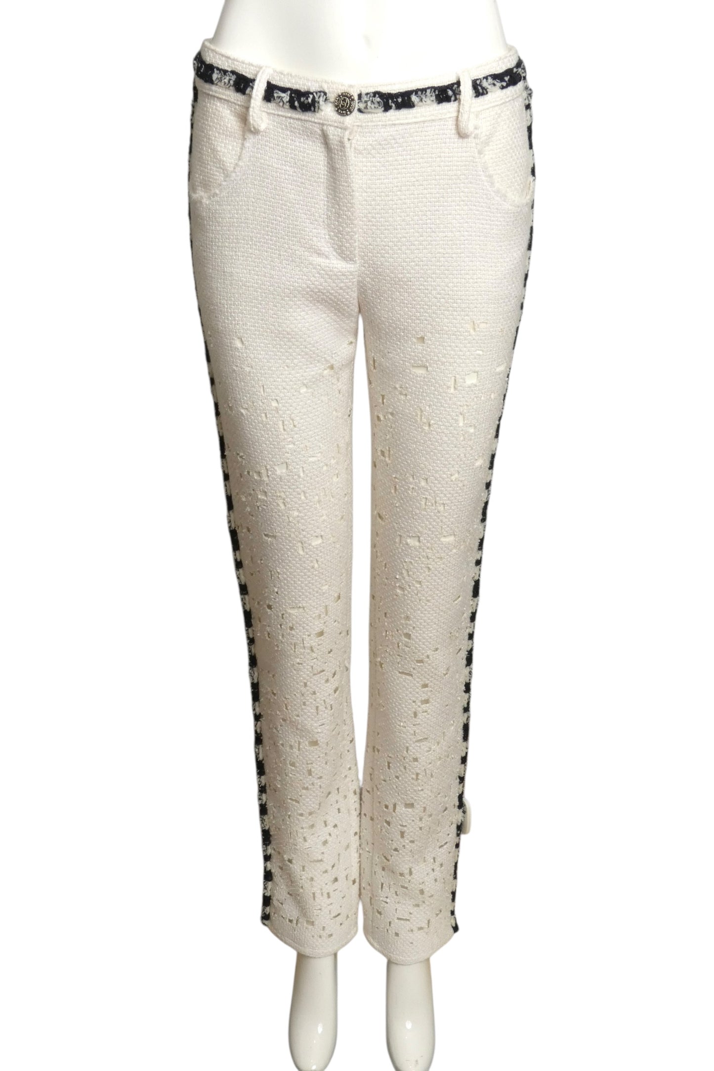 CHANEL- NWT 2011 White & Black Lasercut Tweed Trousers, Size 8