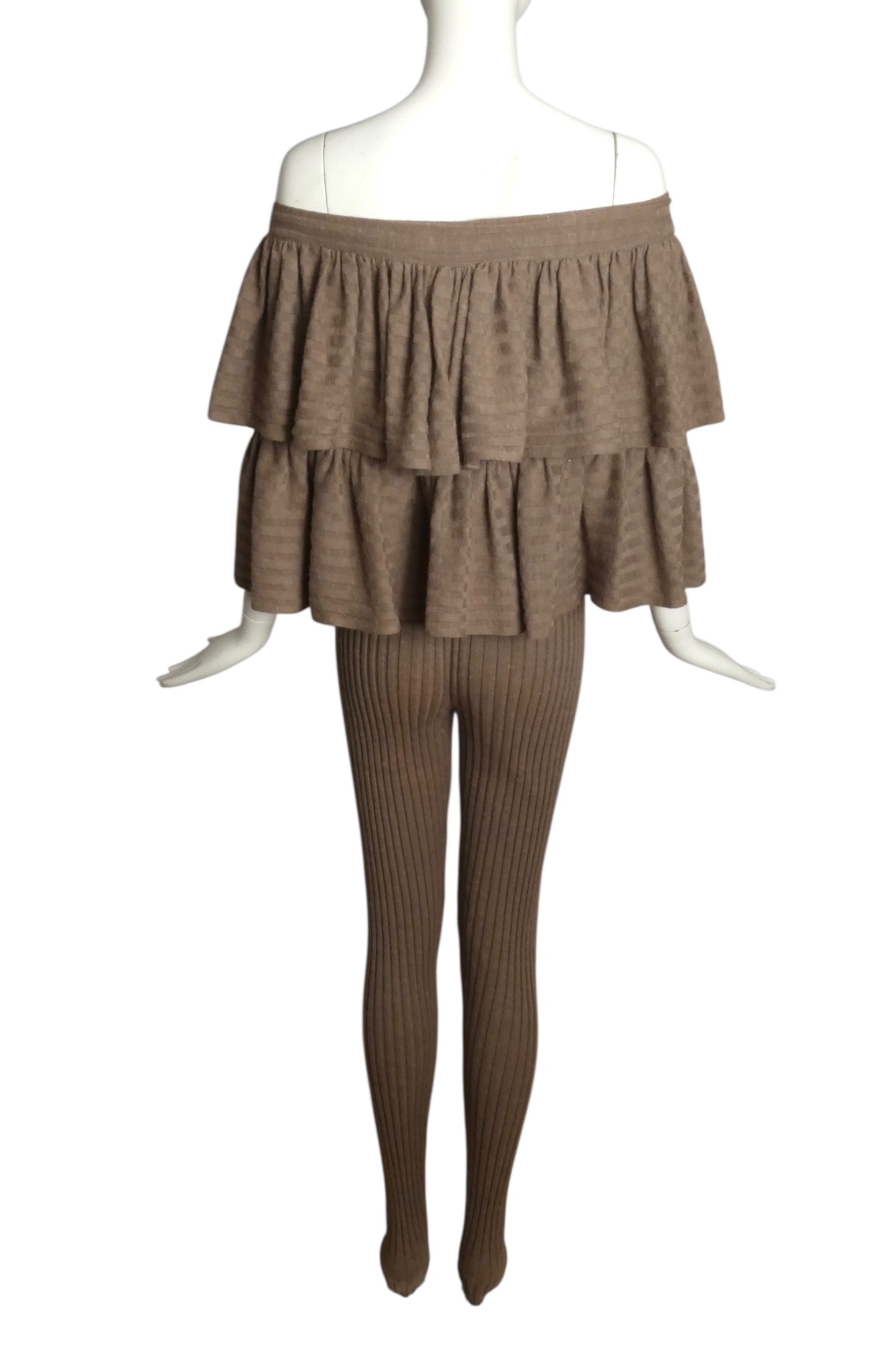 PIERRE CARDIN (HAUTE COUTURE)- 1977 Brown 2pc Knit Blouse & Tights, Size 4