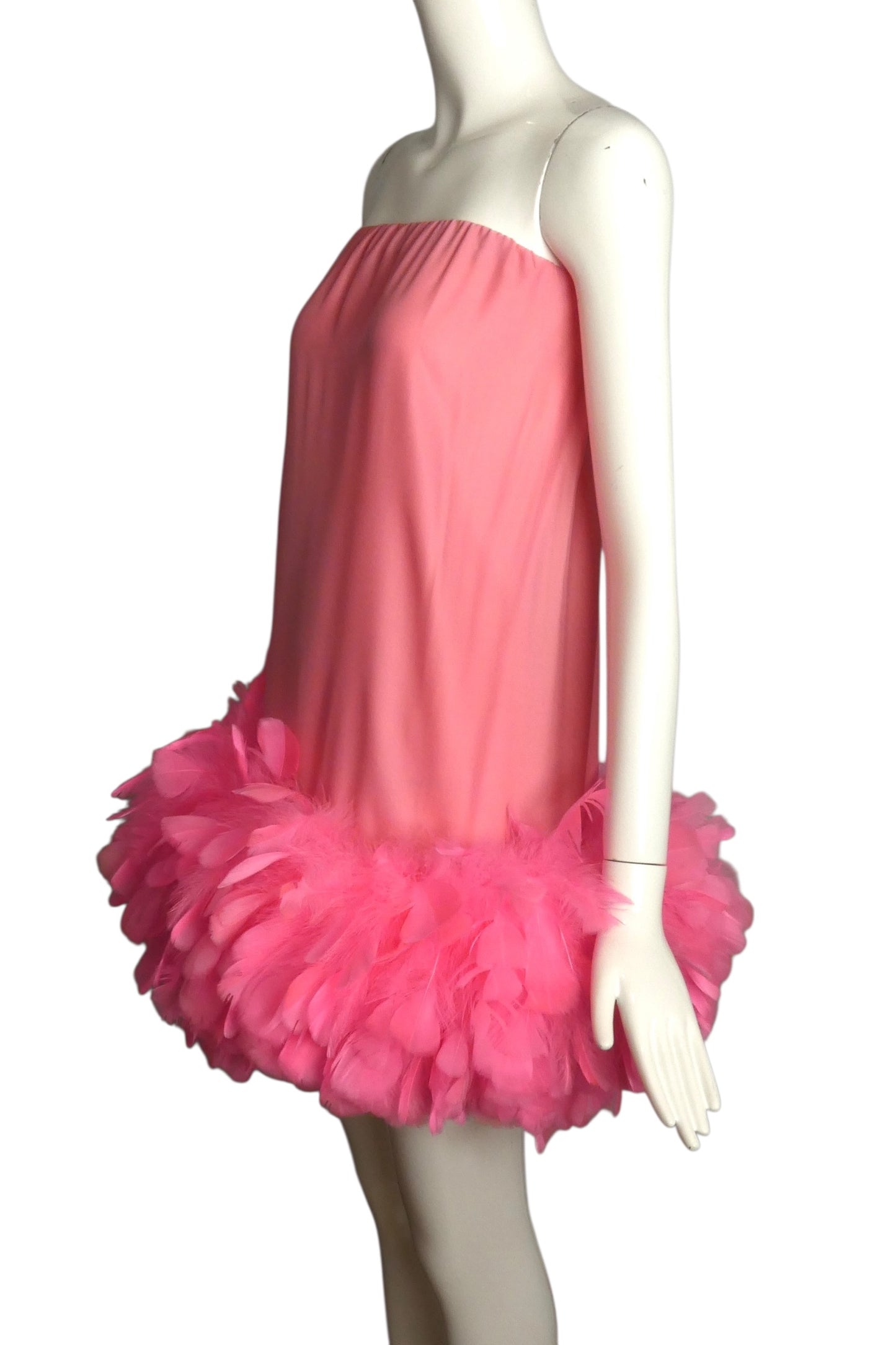 PIERRE CARDIN (HAUTE COUTURE)- Pink Silk & Feather Mini Dress, Size 6