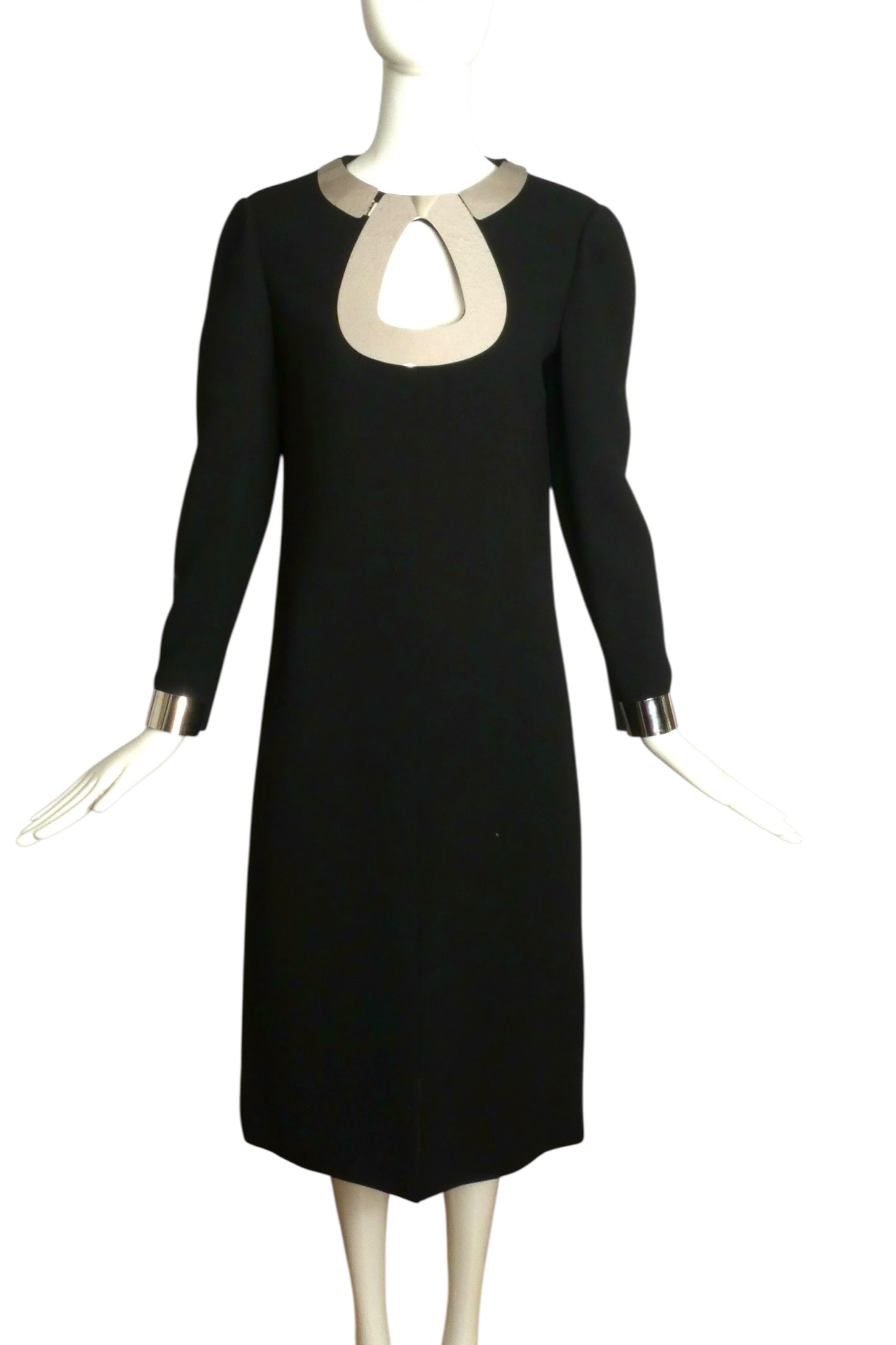 PIERRE CARDIN- 1968 Black Wool Crepe & Chrome Dress, Size 6