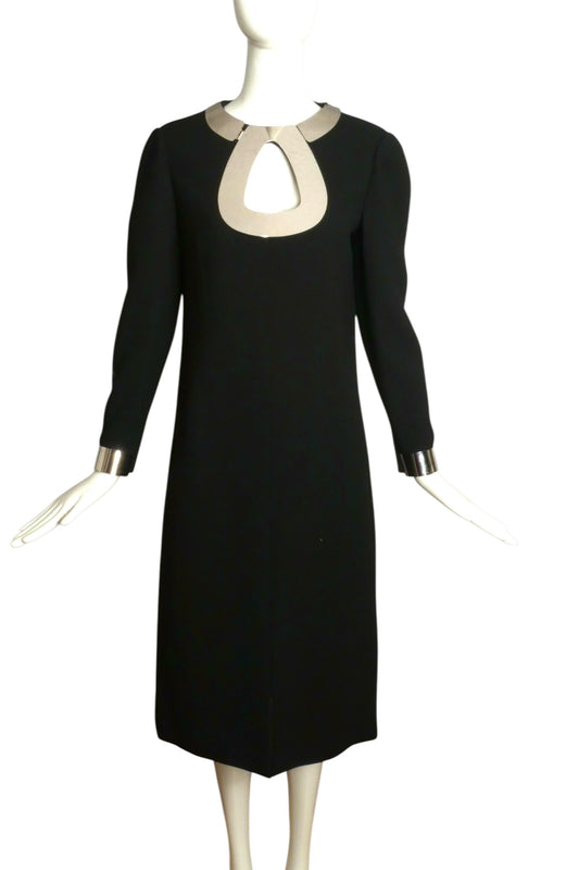 PIERRE CARDIN- 1968 Black Wool Crepe & Chrome Dress, Size 6